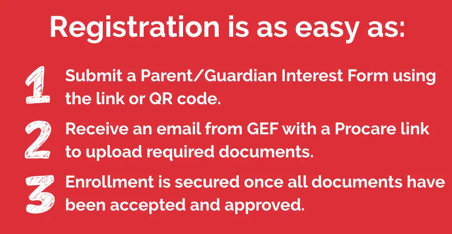 Registration is as easy as: 1. Submit a Parent/Guardian Interest Form using the link or QR code. 2. Receive an email from GEF with a Procare link to upload required documents. 3. Enrollment is secured once all documents have been accepted and approved.